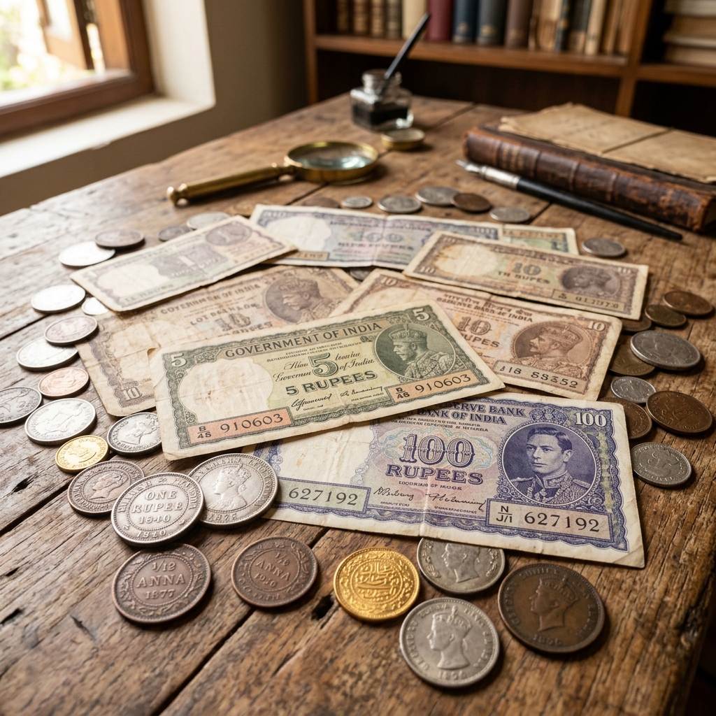 Antique coins and banknotes showcase